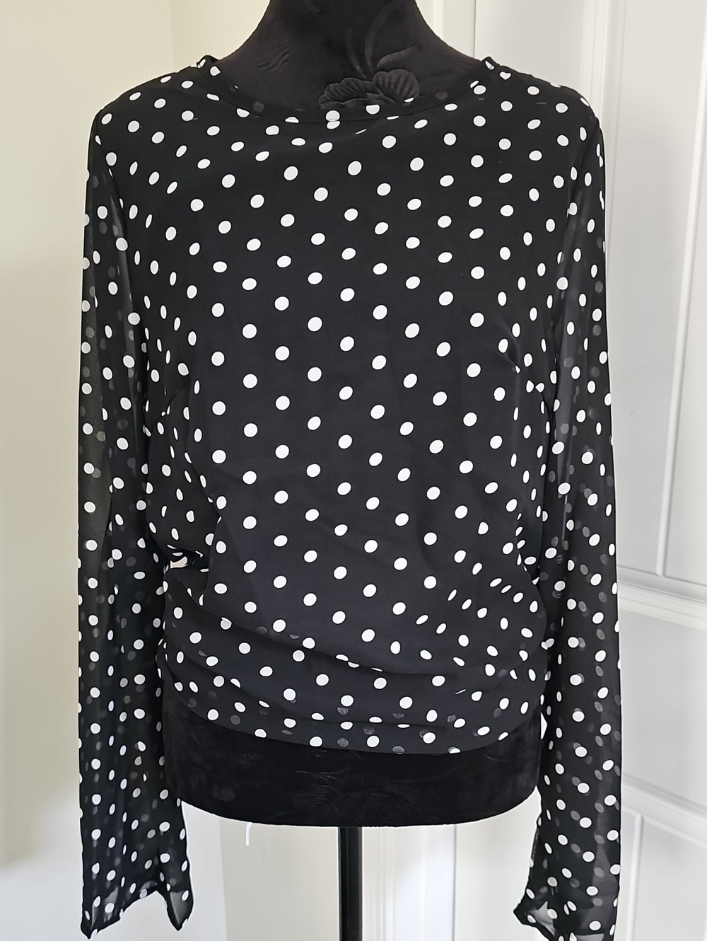 NWOT Black & White Polka Dot Long-Sleeve Wrap Top, Womens Medium